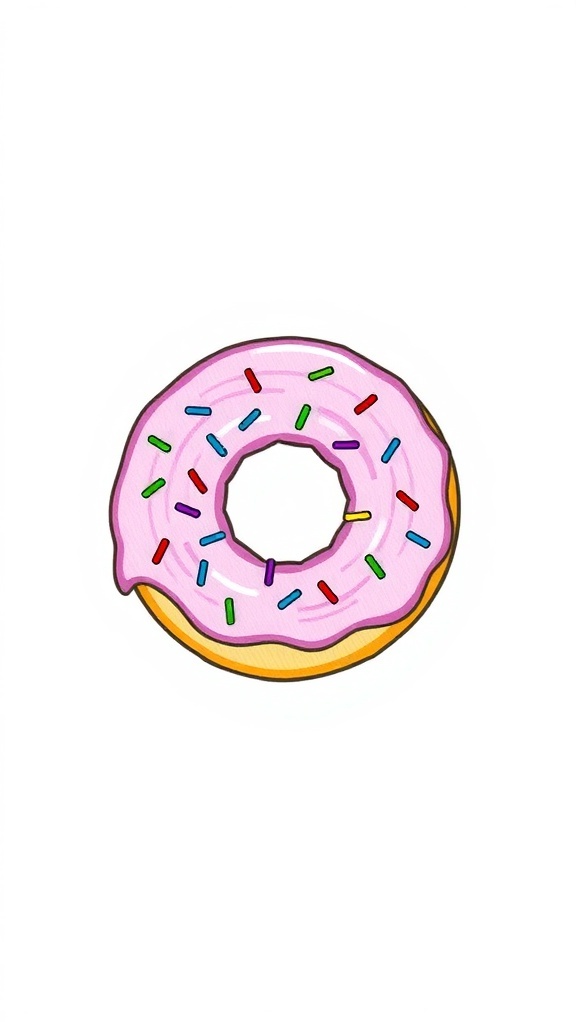 A simple drawing of a donut with pink icing and sprinkles on a white background.